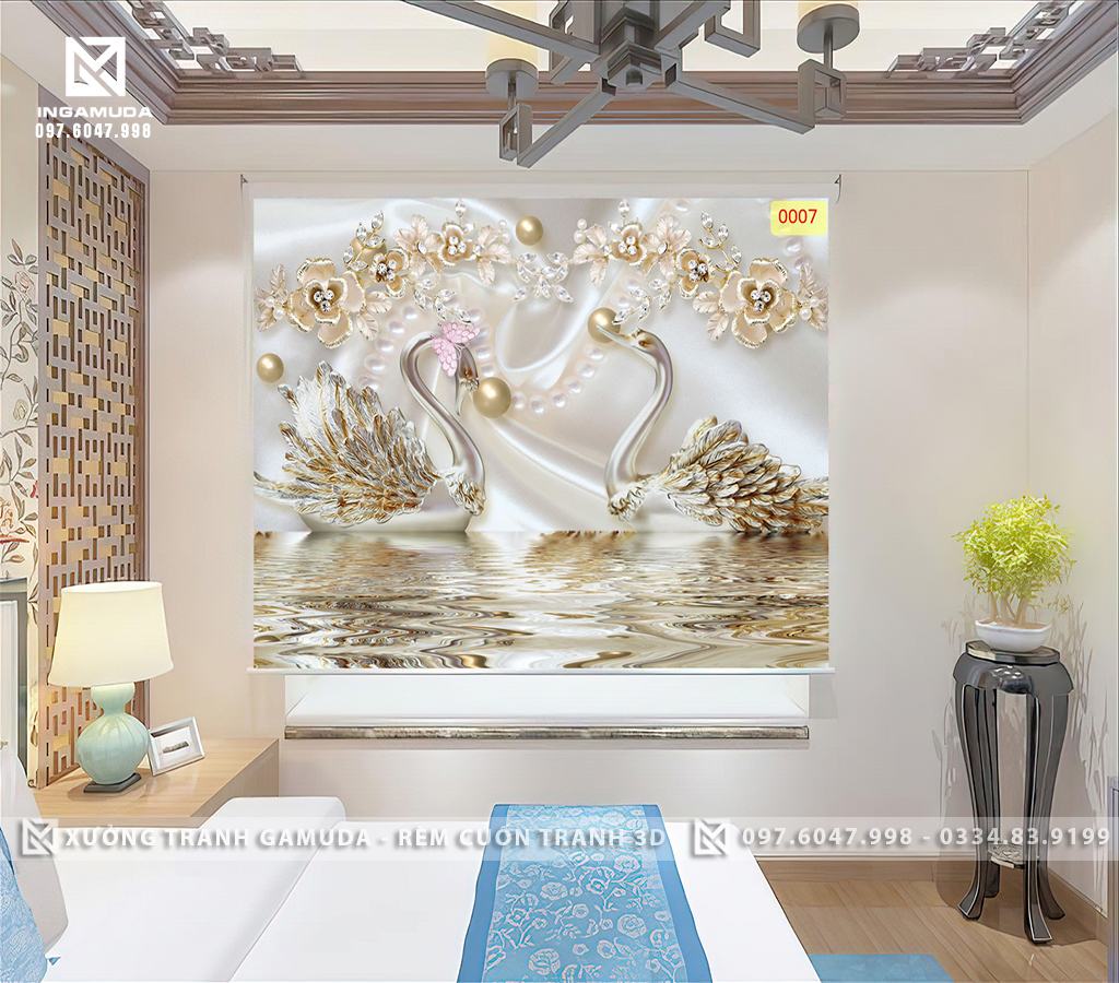Rèm Cuốn Tranh 3D In Hình Đôi Thiên Nga 3D Đẹp Nhất - Rèm Cản Nắng,Cản Nhiệt Tốt 