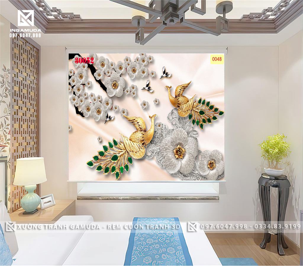 Rèm Cuốn Tranh 3D In Hình Đôi Chim Công Thể Hiện Tình Cảm Phu Thê Viên Mãn Trên Nền Hoa Đá Trắng