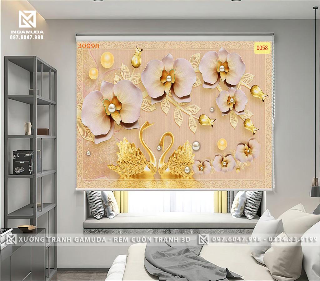 Rèm Cuốn In Tranh 3D In Hình Đôi Thiên Nga Màu Vàng Kết Hợp Với Họa Tiết Hoa - Gía Tốt Nhất Cho Đại Lý 