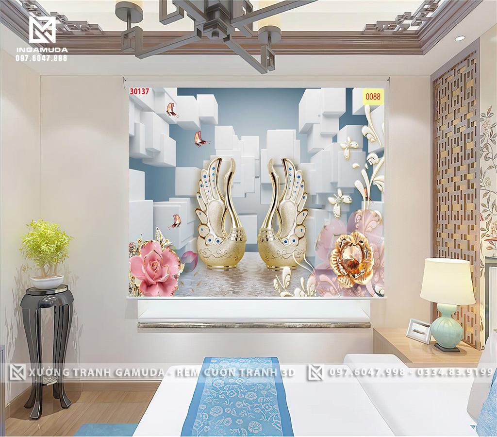 Rèm Cuốn Tranh 3D In Hình Thiên Nga Biểu Tượng Của Tình Yêu - Rèm Cuốn Tranh 3D Cho Đại Lý 