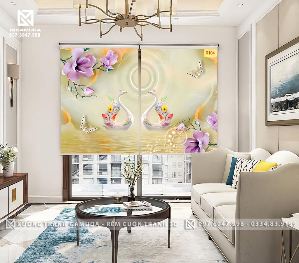 Rèm Cuốn In Tranh 3D In Hình Đôi Thiên Nga Biểu Tượng Cho Sự Thủy Chung, Hạnh Phúc Viên Mãn - Rèm Gamuda In Ấn Cho Đại Lý 