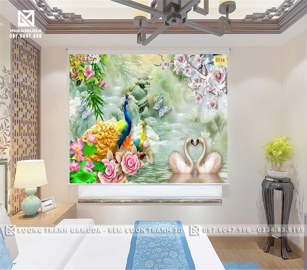 Rèm Cuốn Tranh 3D In Hình Công Khổng Tước Và Đôi Thiên Nga Tượng Trưng Cho Sự Thủy Chung Tình Yêu Son Sắc