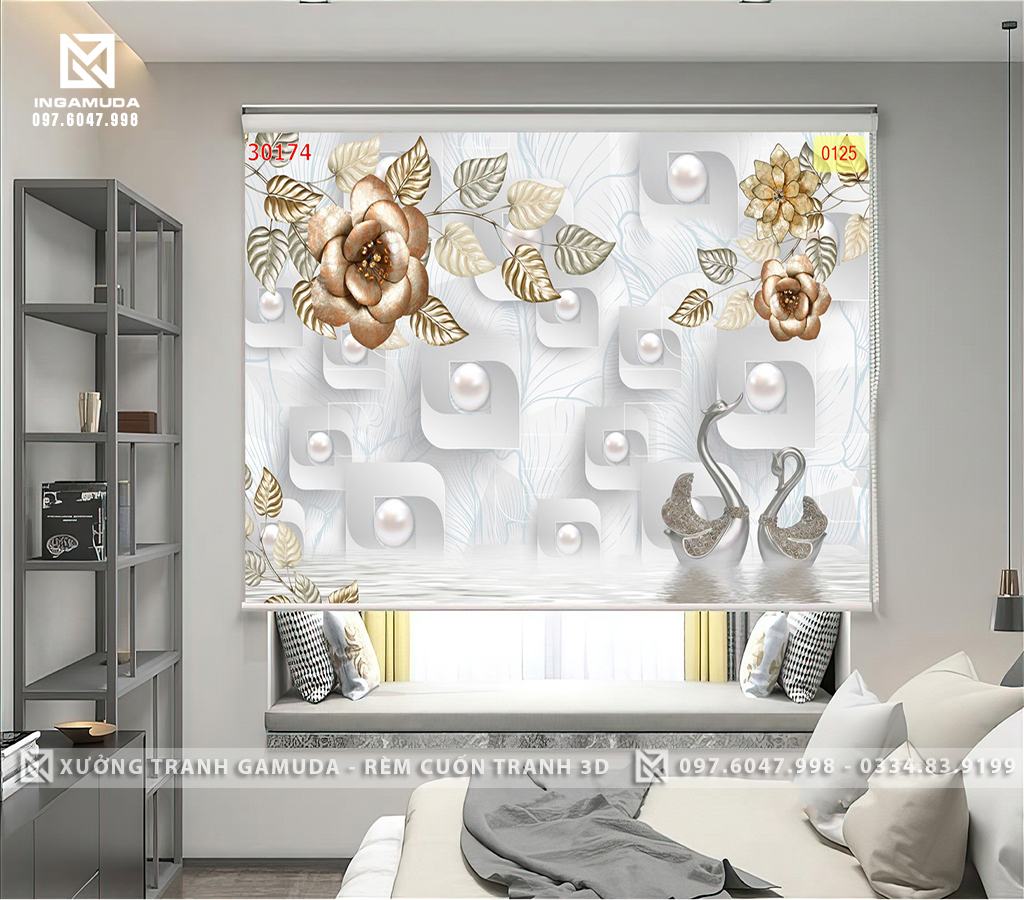 Rèm Cuốn Tranh 3D In Hình Đôi Thiên Nga Màu Trắng Thuần Khiết - Tại Xưởng In Gamuda