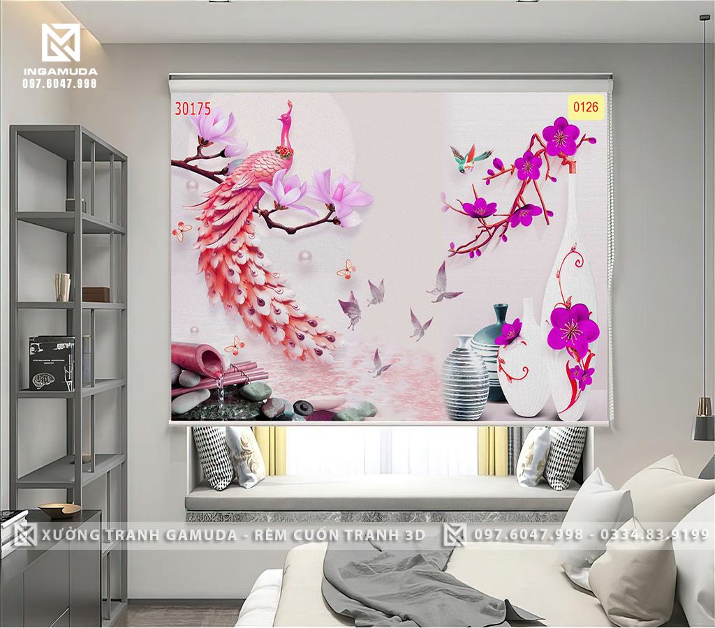 Rèm Cuốn Tranh Họa Tiết Công Xòe Đuôi Sang Trọng Qúy Phái