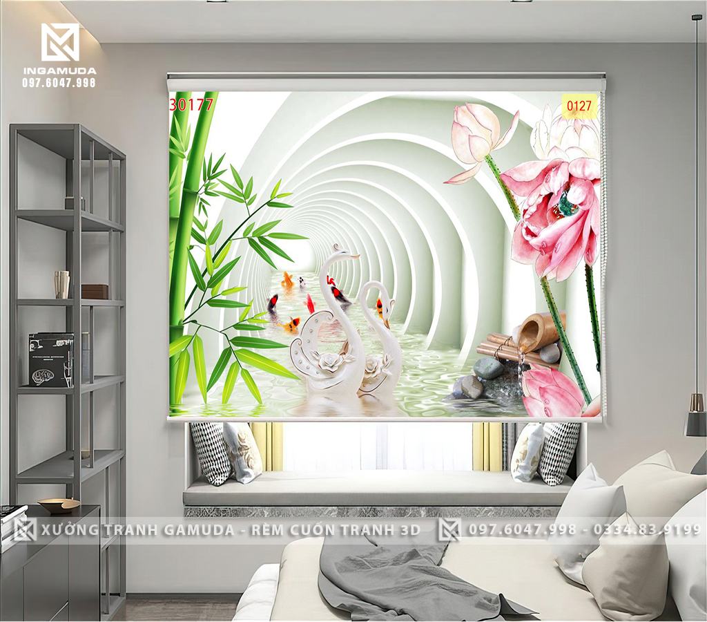 Rèm Cuốn In Tranh 3D In Hình Đôi Thiên Nga Kết Hợp Với Khung Cảnh Suối Chảy - Rèm Cản Sáng Cản Nhiệt