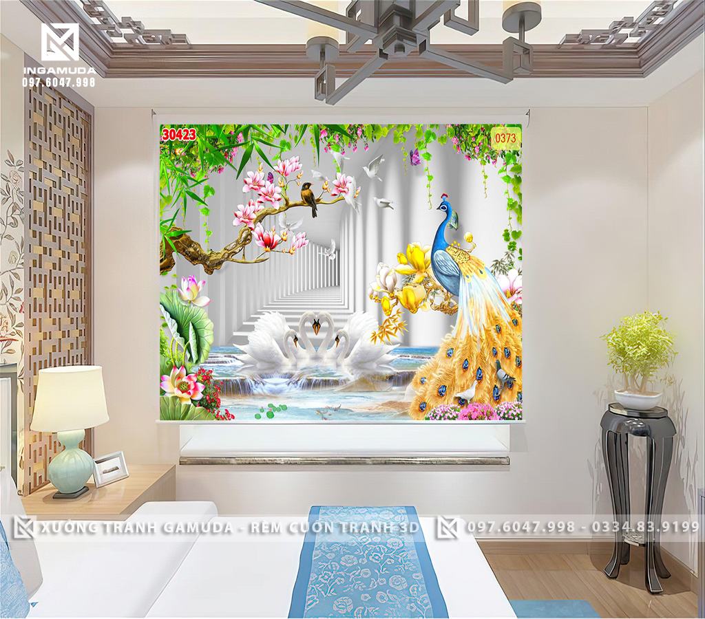 Rèm Cuốn Tranh 3D In Công Khổng Tước Đuôi Sắc Màu Thể Hiện Sự Giàu Có Và Thịnh Vượng