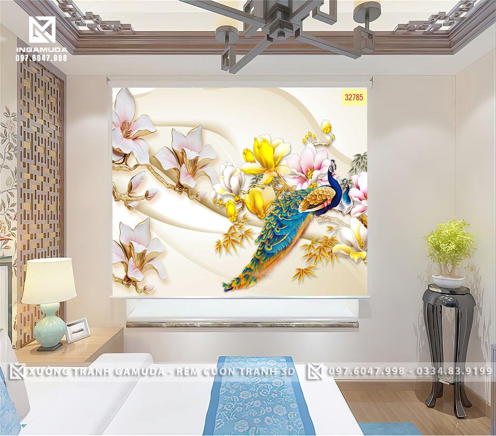 Rèm Cuốn Tranh 3D In Công Khổng Tước Trên Nền Hoa - Sản Xuất Tại Xưởng Rèm Gamuda