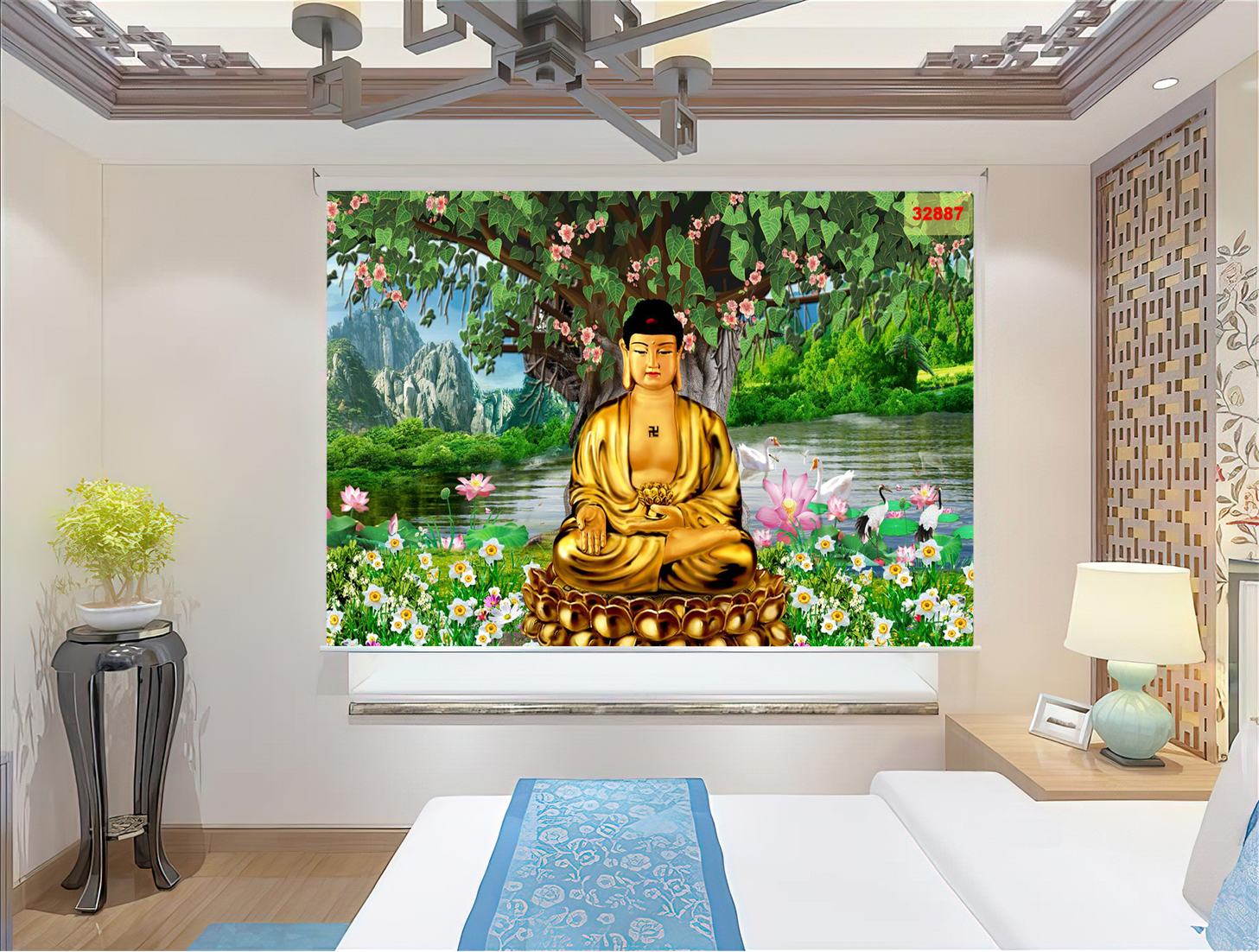 Tạo không gian sống đẹp và yên bình với rèm cuốn tranh hình ảnh Bồ Đề