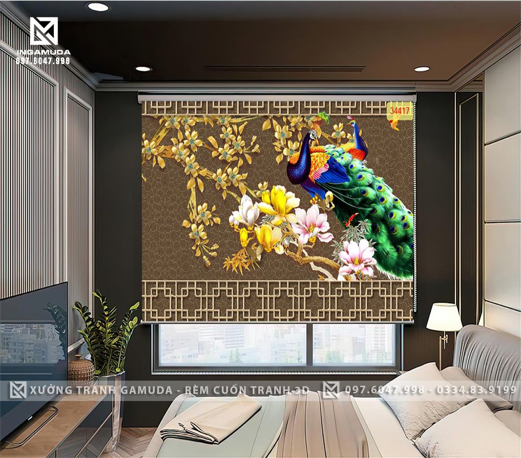 Rèm Cuốn Tranh 3D In Công Khổng Tước Đuôi To Trên Nền Trầm Đẩy Lùi Năng Lượng Xấu 