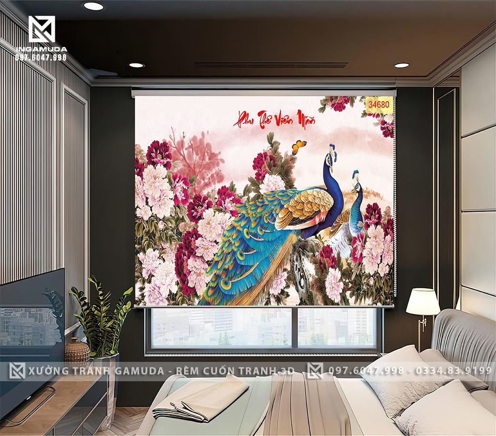 Rèm Cuốn Tranh Hoa Mẫu Đơn Đôi Chim Công Thể Hiện Tình Cảm Phu Thê Viên Mãn