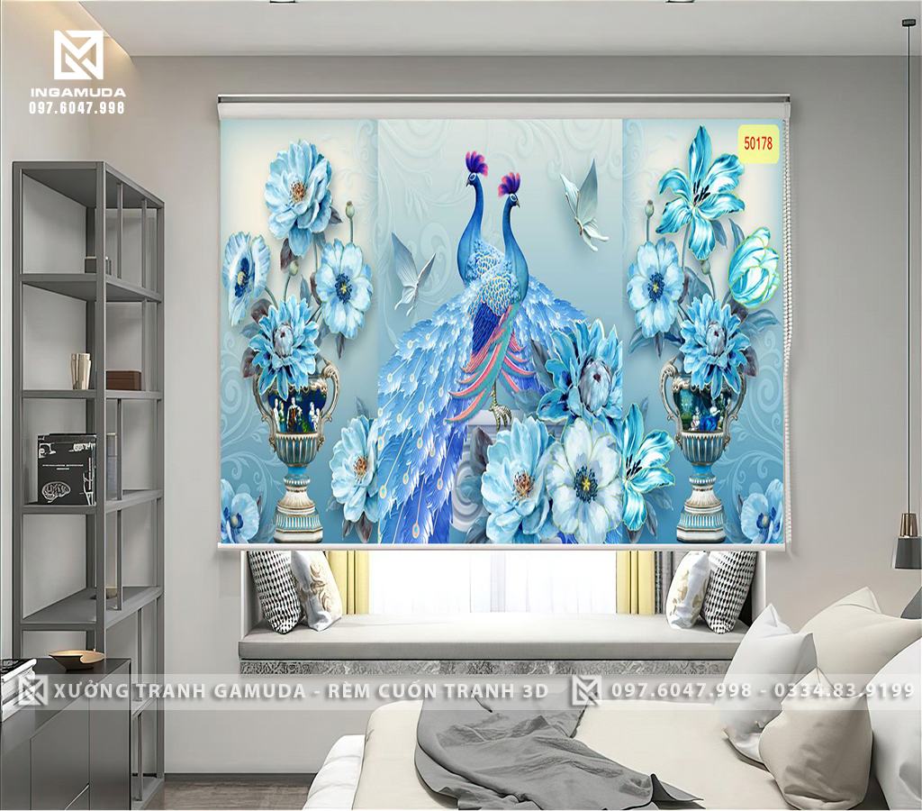 Rèm In Tranh 3D Những Bức Tranh Đẹp Về Chim Công Và Hoa 3D Màu Xanh Ngọc – Xưởng Rèm Cuốn Tranh 3D Gamuda