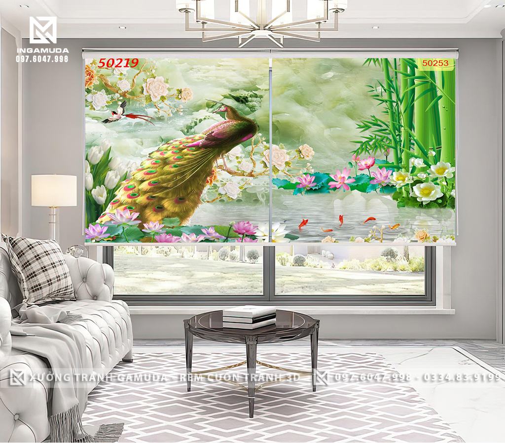 Rèm Cuốn Tranh In Công Khổng Tước Hoa 3D Tạo Khung Cảnh Thiên Nhiên Yên Bình Xưởng Rèm Gamuda
