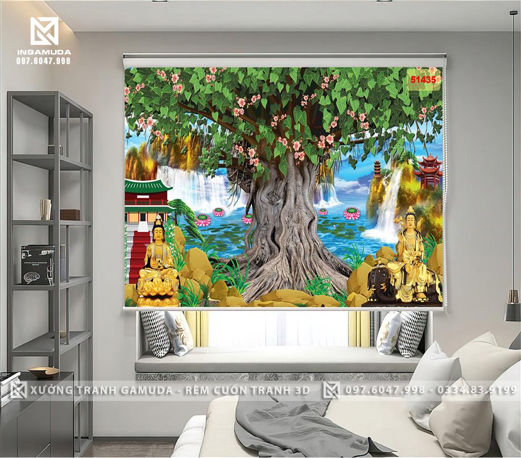 Rèm Cuốn In Tranh 3D Hình Cây Bồ Đề Phật Giáo Gốc Cây Phật Thích Ca Ngồi Thiền