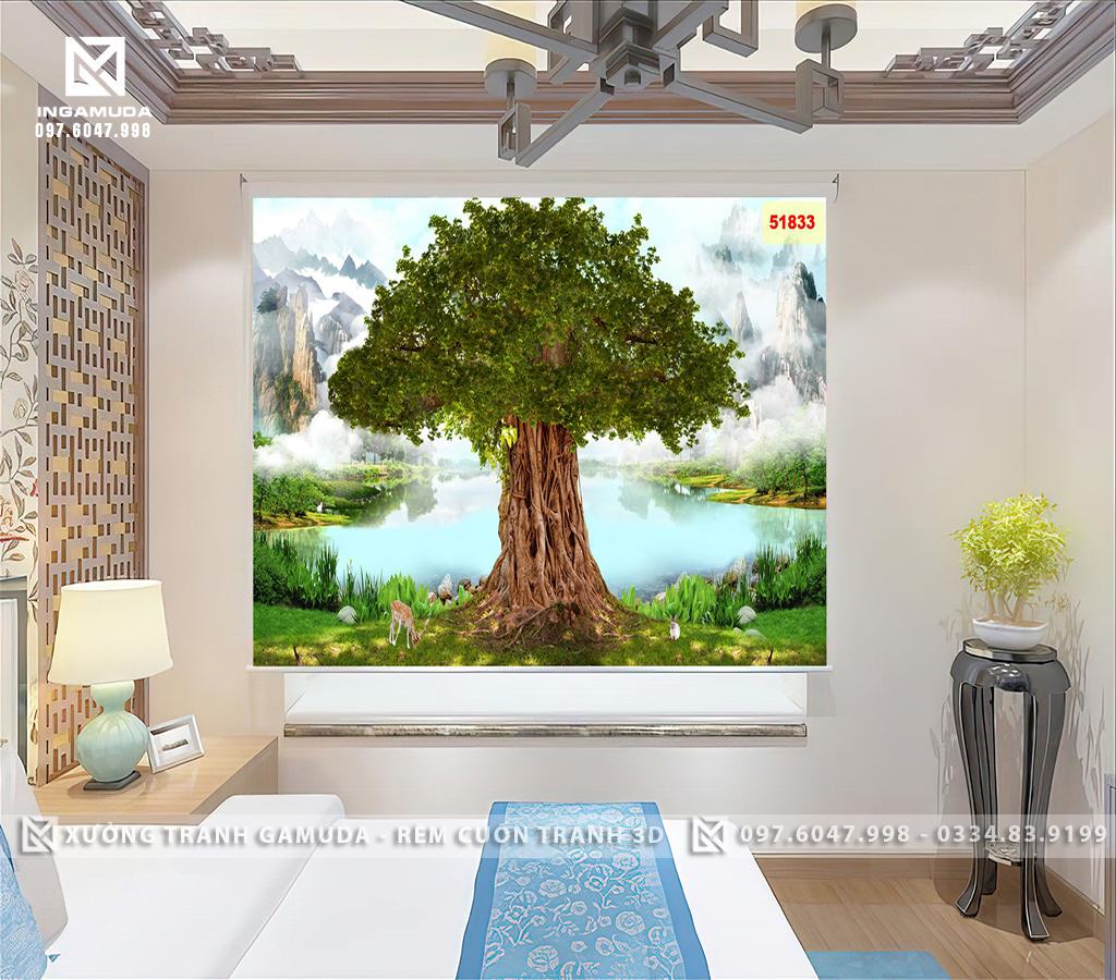 Rèm Cuốn In Tranh 3D Hình Cây Bồ Đề Đẹp