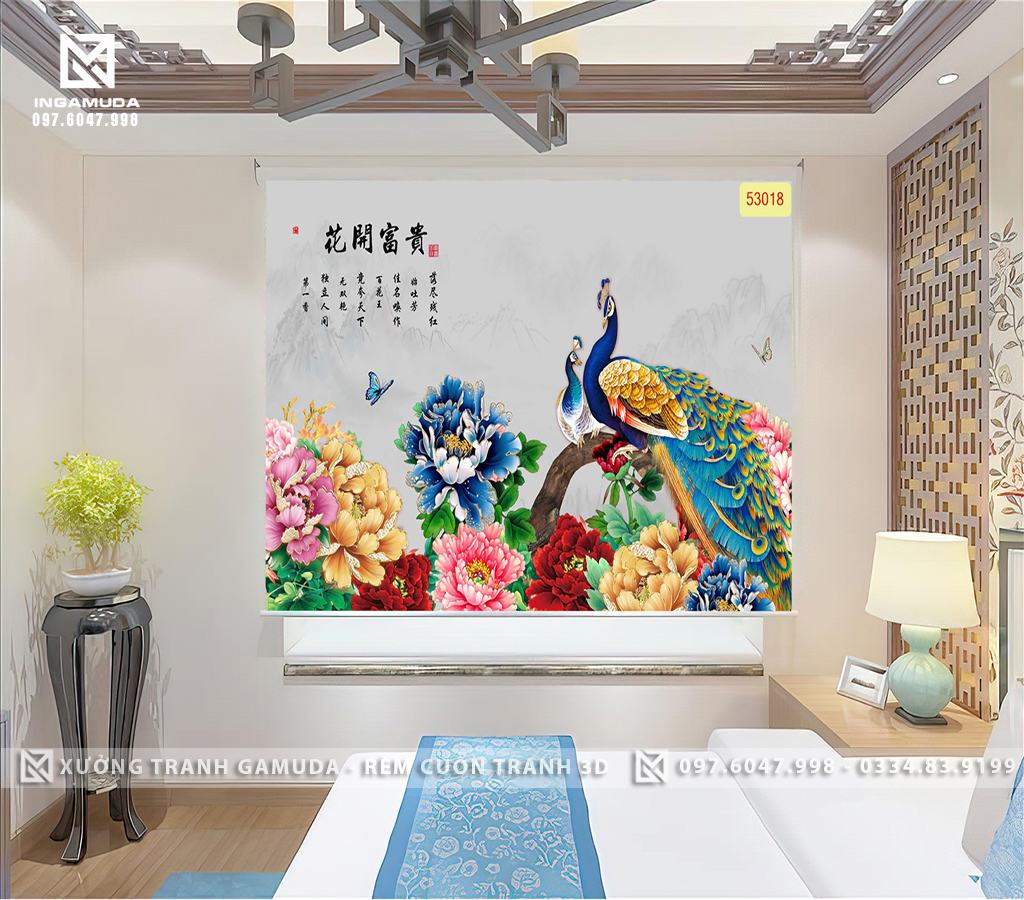 Rèm Cuốn Tranh 3D In Hình Đôi Chim Công Không Tước Đứng Trên Những Bông Hoa Rực Rỡ Sắc Màu 
