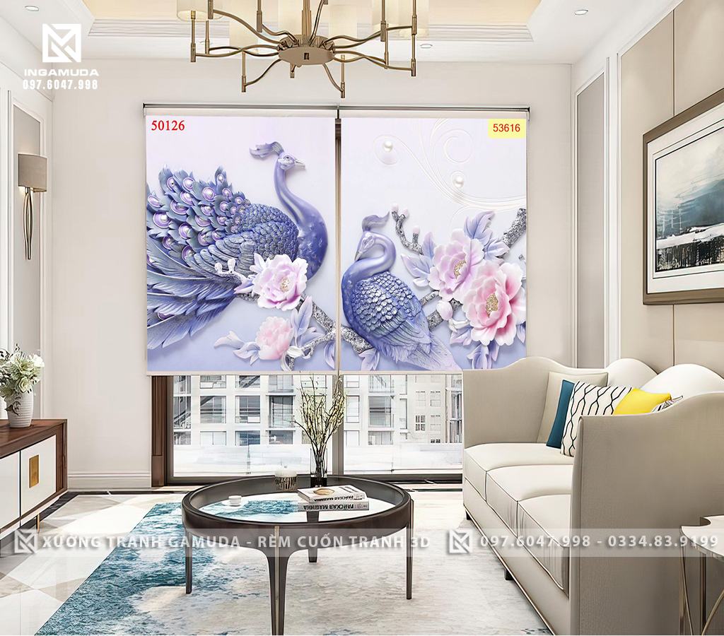 Rèm Cuốn Tranh 3D In Hình Đôi Công Bên Dưới Chúng Là Những Bông Hoa Đang Nở Rộ 