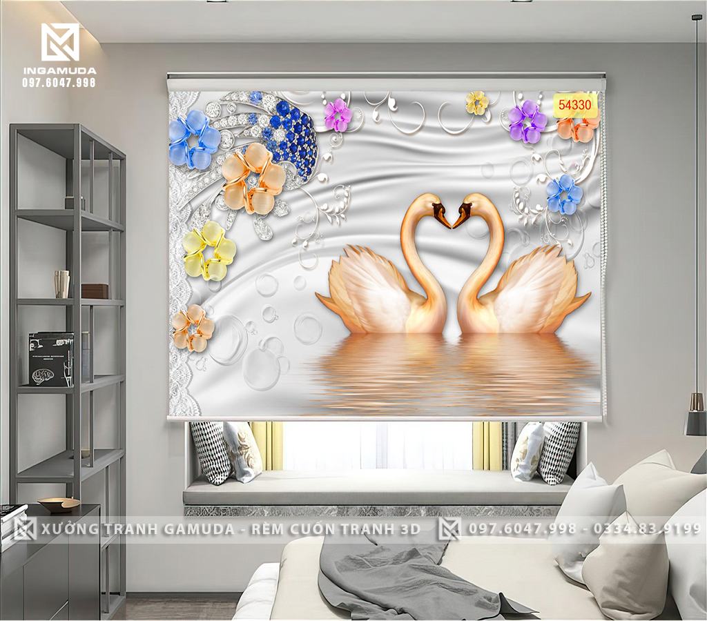 Rèm Cuốn In Tranh 3D In Hình Đôi Thiên Nga Kết Hợp Hoa 3D Sắc Màu - Rèm Cản Nắng Cản Nhiệt Tốt 