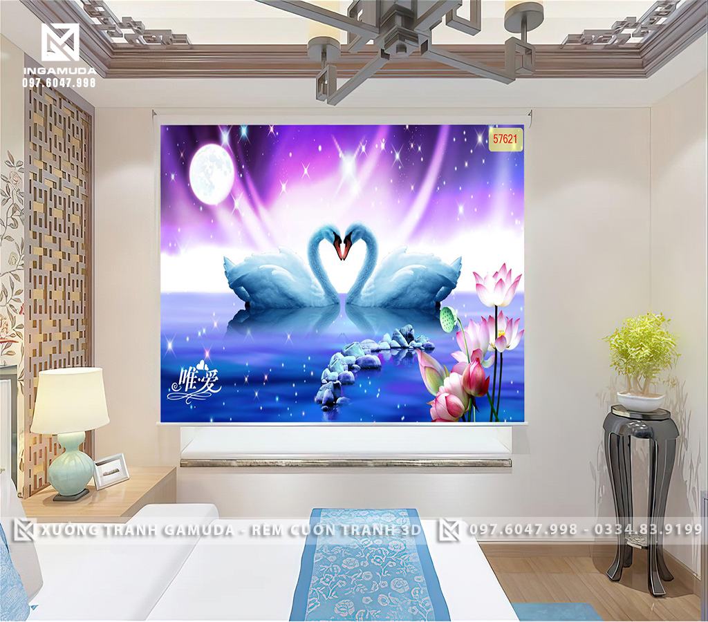 Rèm Cuốn In Tranh 3D In Hình Đôi Thiên Nga Trên Hồ Nước Lãng Mạn - Rèm Cuốn GIÁ TỐT Cho Đại Lý 