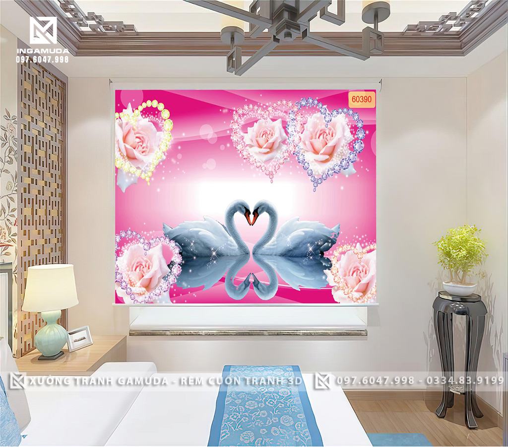 Rèm Cuốn Tranh 3D In Hình Đôi Thiên Nga Màu Hồng Biểu Tượng Của Tình Yêu Hạnh Phúc Viên Mãn - Rèm Cản Sáng Cản Nhiệt Tốt 