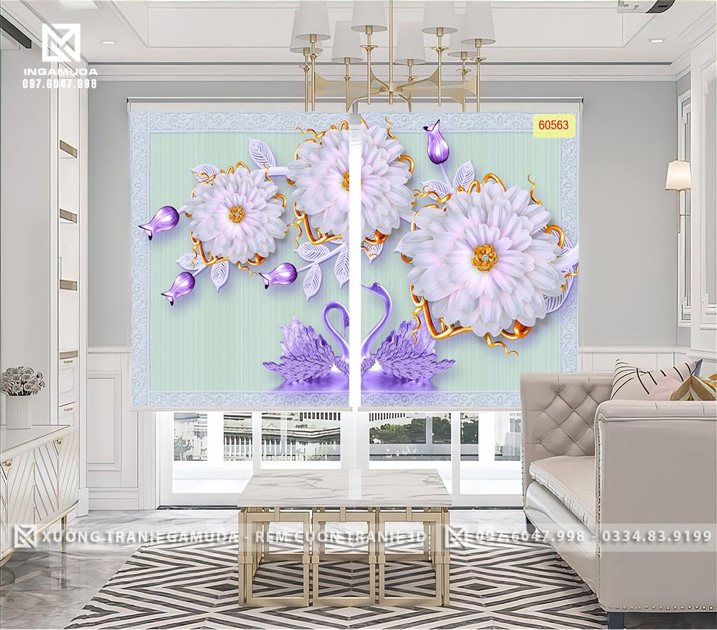 Rèm Cuốn In Tranh 3D In Hình Đôi Thiên Nga Kết Với Họa Tiết Hoa 3D Màu Tím - Xưởng In Rèm Cuốn 3D Gamuda
