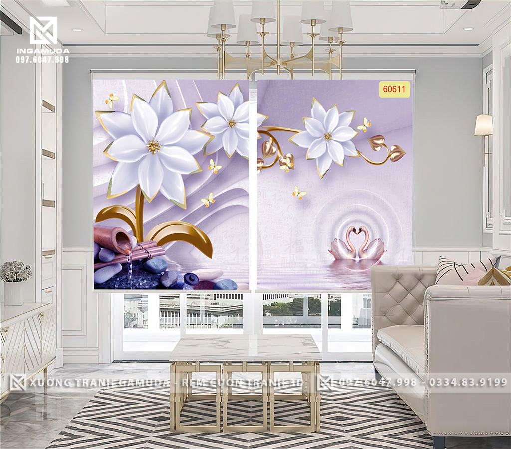 Rèm Cuốn In Tranh 3D In Hình Thiên Nga Màu Trắng Tinh Khôi Trang Trí Phòng Khách - GIÁ Tốt Nhất Cho Đại Lý 