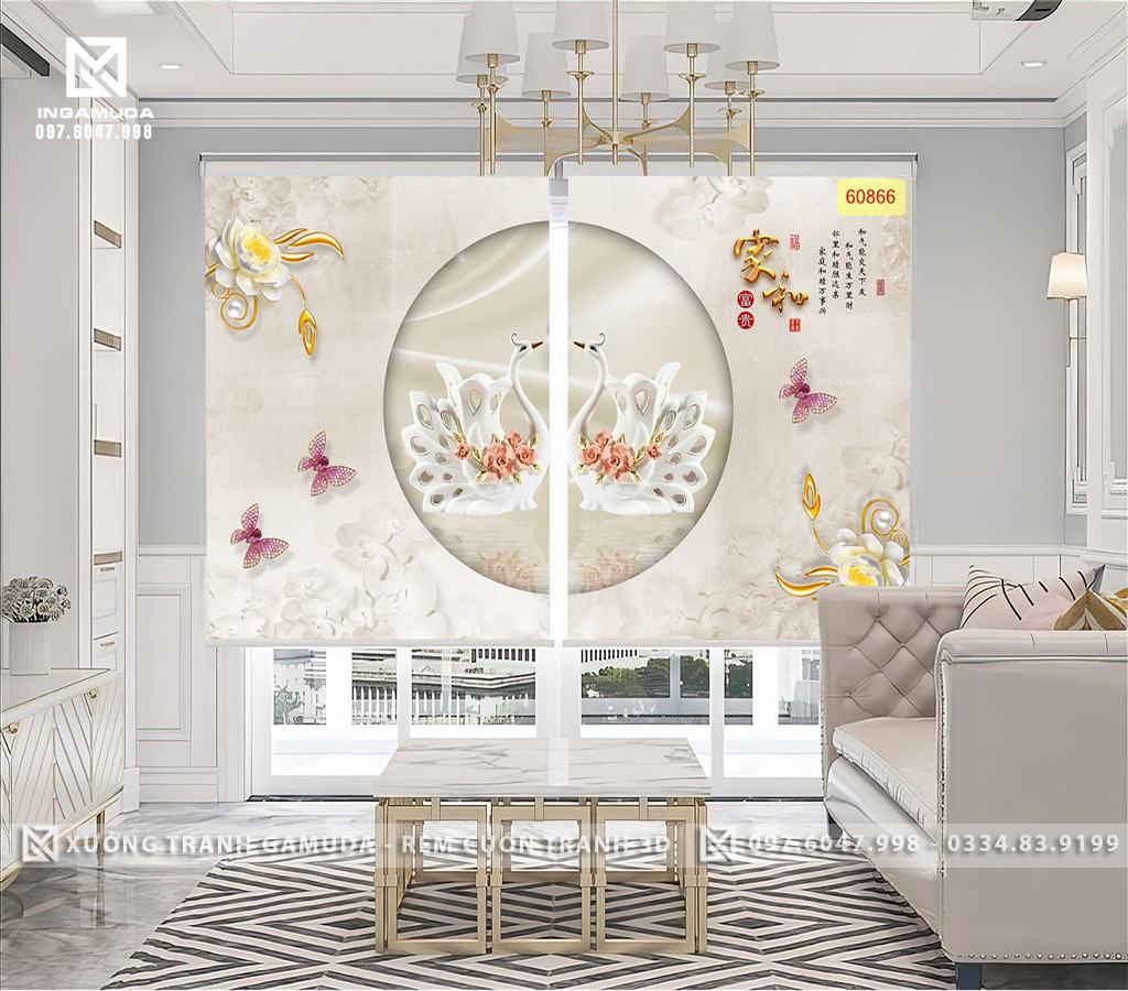 Rèm Cuốn Tranh 3D In Hình Đôi Thiên Nga Trên Nền Cổ Điển Trang Trí Phòng Khách - Rèm Cuốn In Tranh GIÁ Xưởng 