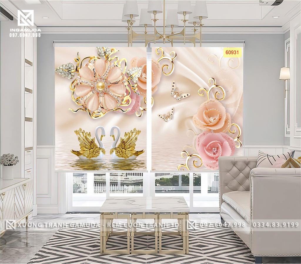 Rèm Cuốn Tranh 3D In Hình Đôi Thiên Nga Sang Trọng Kết Hợp Với Họa Tiết Hoa - Rèm Tranh 3D Phân Phối Cho Đại Lý 