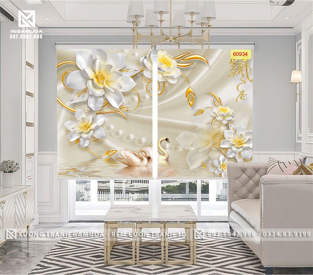 Rèm Cuốn In Tranh 3D In Hình Đôi Thiên Nga Trang Trí Phòng Khách Đẹp Nhất - Xưởng In Rèm GIÁ Tốt 