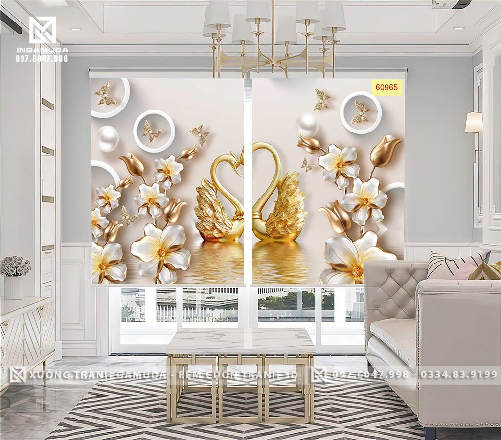 Rèm Cuốn Tranh 3D In Hình Đôi Thiên Nga Biểu Tượng Của Tình Yêu Hạnh Phúc Và Thủy Chung - Rèm Cuốn Tranh GIÁ Tốt Cho Đại Lý 