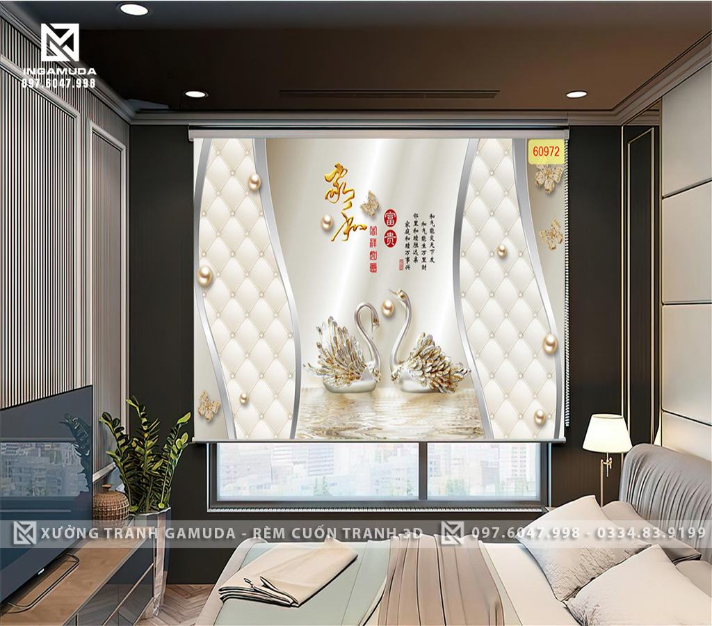 Rèm Cuốn Tranh 3D In Hình Đôi Thiên Nga Hiện Đại Sang Trọng Trang Trí Phòng Ngủ - Rèm Cản Sáng Cản Nhiệt Tốt 