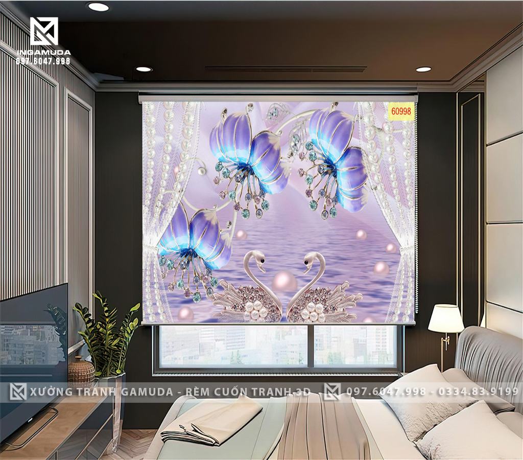Rèm Cuốn Tranh 3D In Hình Đôi Thiên Nga Tạo Chiều Sâu Cho Phòng Ngủ - Rèm Cản Nắng Cản Nhiệt Tốt 