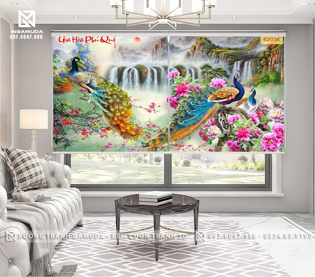 Rèm Cuốn Tranh 3D In Hình Con Công Với Hoa Mẫu Đơn
