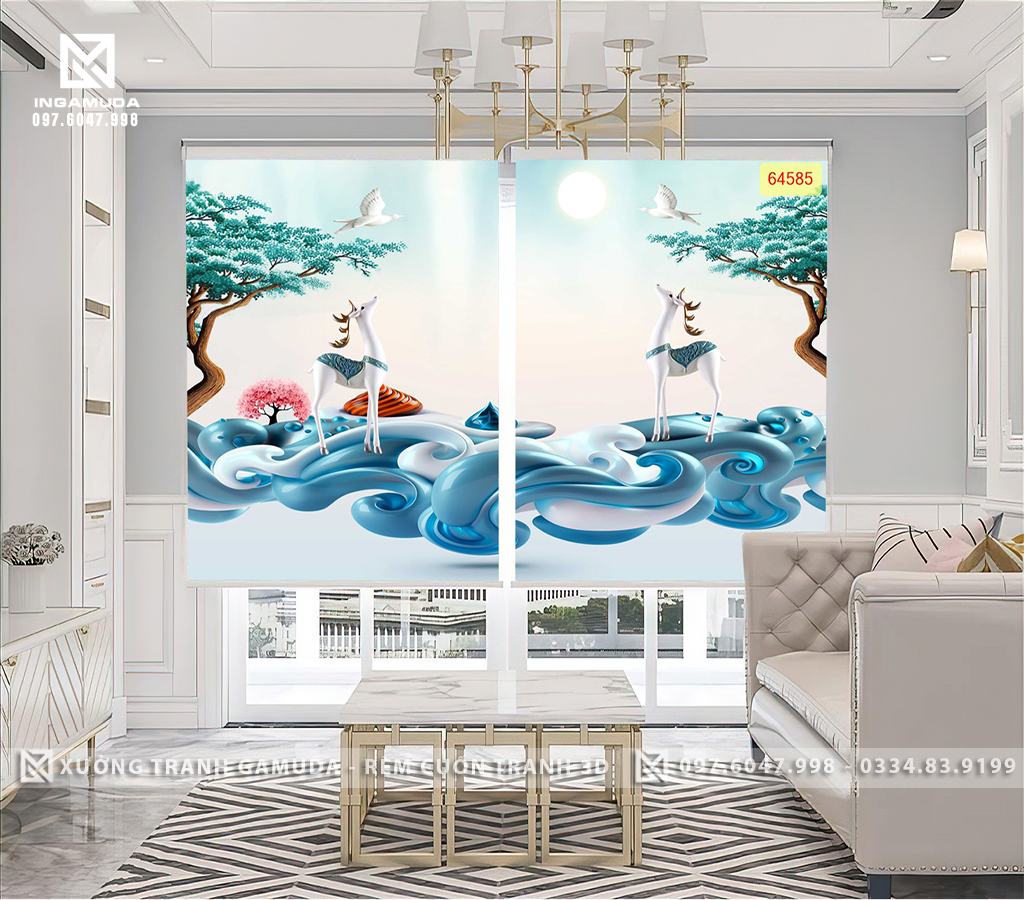 Rèm Cuốn Tranh 3D In Họa Tiết Đôi Hươu Tài Lộc Thể Hiện Vẻ Đẹp Sang Trọng Hiện Đại - Rèm Cản Sáng Cản Nhiệt