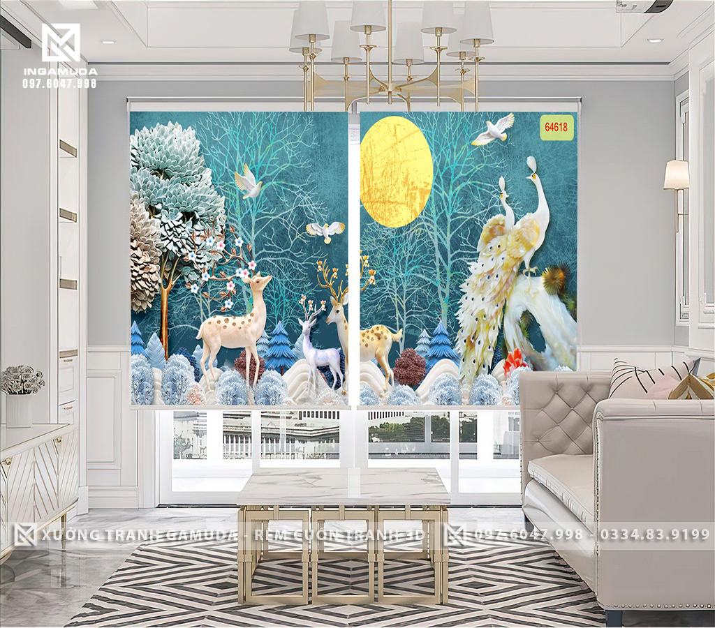 Rèm Cuốn Tranh In Họa Tiết Hươu Tài Lộc Cùng Công Khổng Tước Biểu Tượng Của Sự Thịnh Vượng