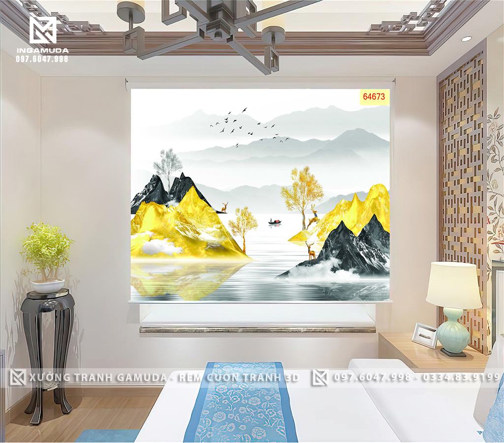 Rèm Cuốn Tranh 3D In Họa Tiết Hươu Tài Lộc Cùng Núi Và Biển Bao Phủ Trong Màn Sương Mù - Xưởng Rèm Gamuda In Ấn Và Sản Xuất Theo Đơn Đặt Hàng