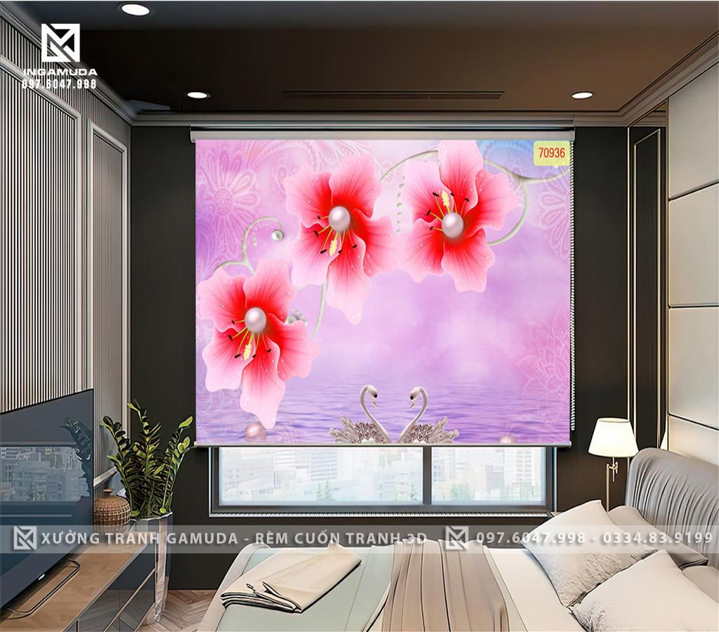 Rèm Cuốn In Tranh 3D In Hình Đôi Thiên Nga Màu Tím Thủy Chung Trang Trí Phòng Ngủ - Rèm Cản Sáng Cản Nhiệt Tốt 