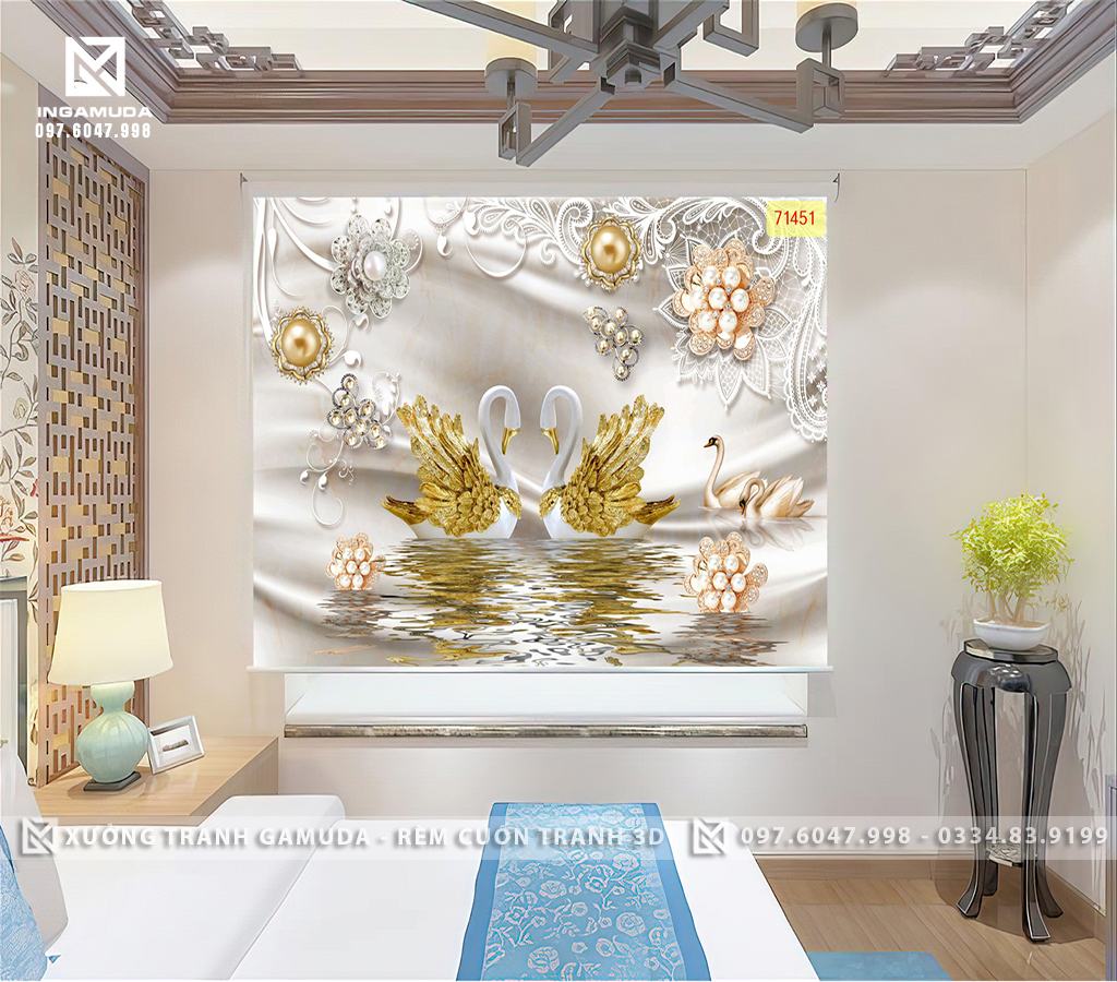 Rèm Cuốn Tranh In Hình Đôi Thiên Nga Họa Tiết Sang Trọng - Xưởng In Rèm GIÁ Tốt Cho Đại Lý 