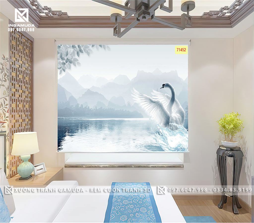 Rèm Cuốn In Tranh 3D In Hình Đôi Thiên Trong Hồ Nước Thật Đẹp - Rèm Cuốn Tranh 3D GIÁ Tốt 