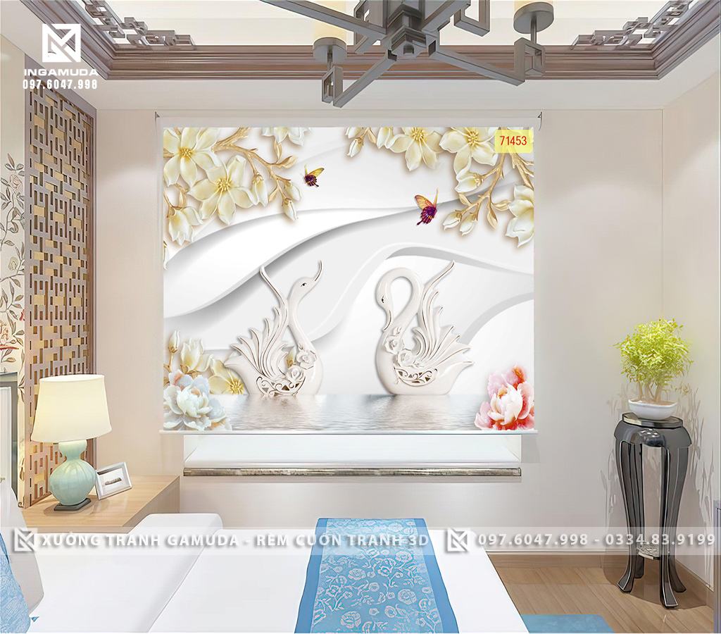 Rèm Cuốn In Tranh 3D In Hình Đôi Thiên Nga Màu Trắng Thể Hiện Sự Thuần Khiết - Xưởng In Rèm Cuốn 3D 