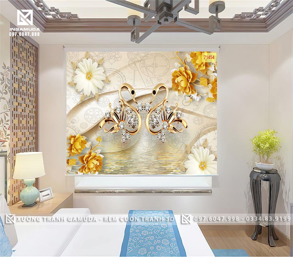 Rèm Cuốn In Tranh 3D In Hình Đôi Thiên Nga Biểu Tượng Cho Tình Yêu Viên Mãn Thủy Chung - Rèm Cuốn Tranh GIÁ Tốt Cho Đại Lý 