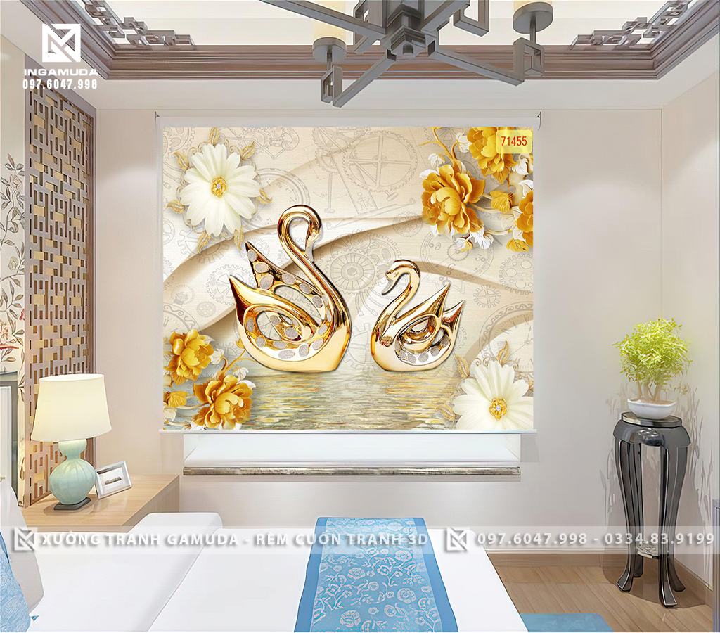 Rèm Cuốn Tranh 3D In Hình Đôi Thiên Nga Đẹp Đẽ Sang Trọng - Rèm In Tranh 3D Cho Đại Lý 