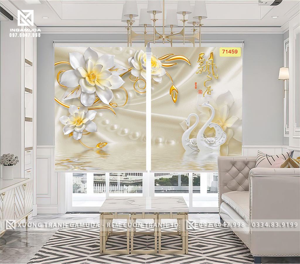Rèm Tranh 3D In Hình Đôi Thiên Nga Kết Hợp Hoa 3D Hiện Đại Sang Trọng Trang Trí Phòng Khách - Rèm Cản Sáng Cản Nhiệt Tốt 
