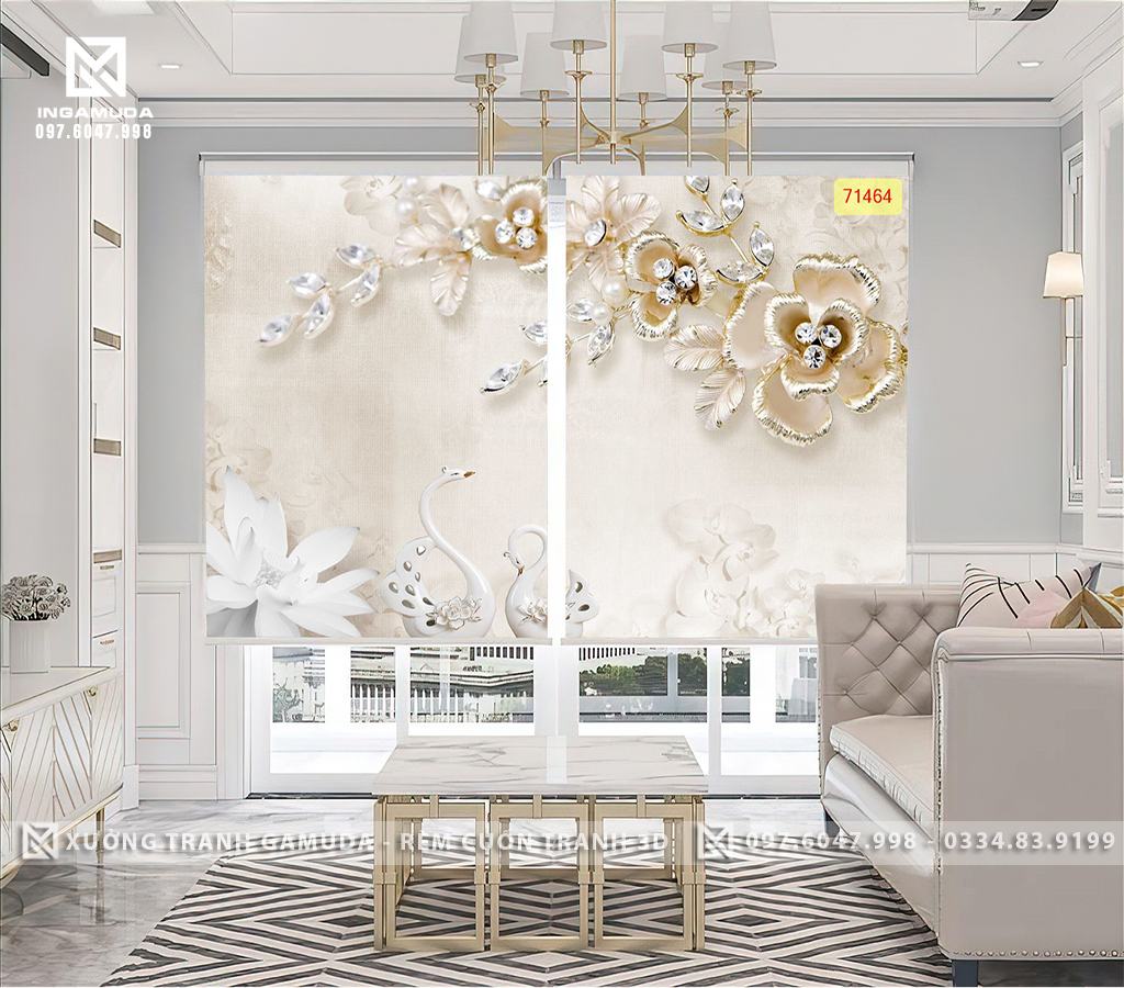 Rèm Cuốn Tranh 3D In hình Thiên Nga Sang Trọng dành cho Phòng Khách - Rèm Cản Nắng Cản Nhiệt Tốt 