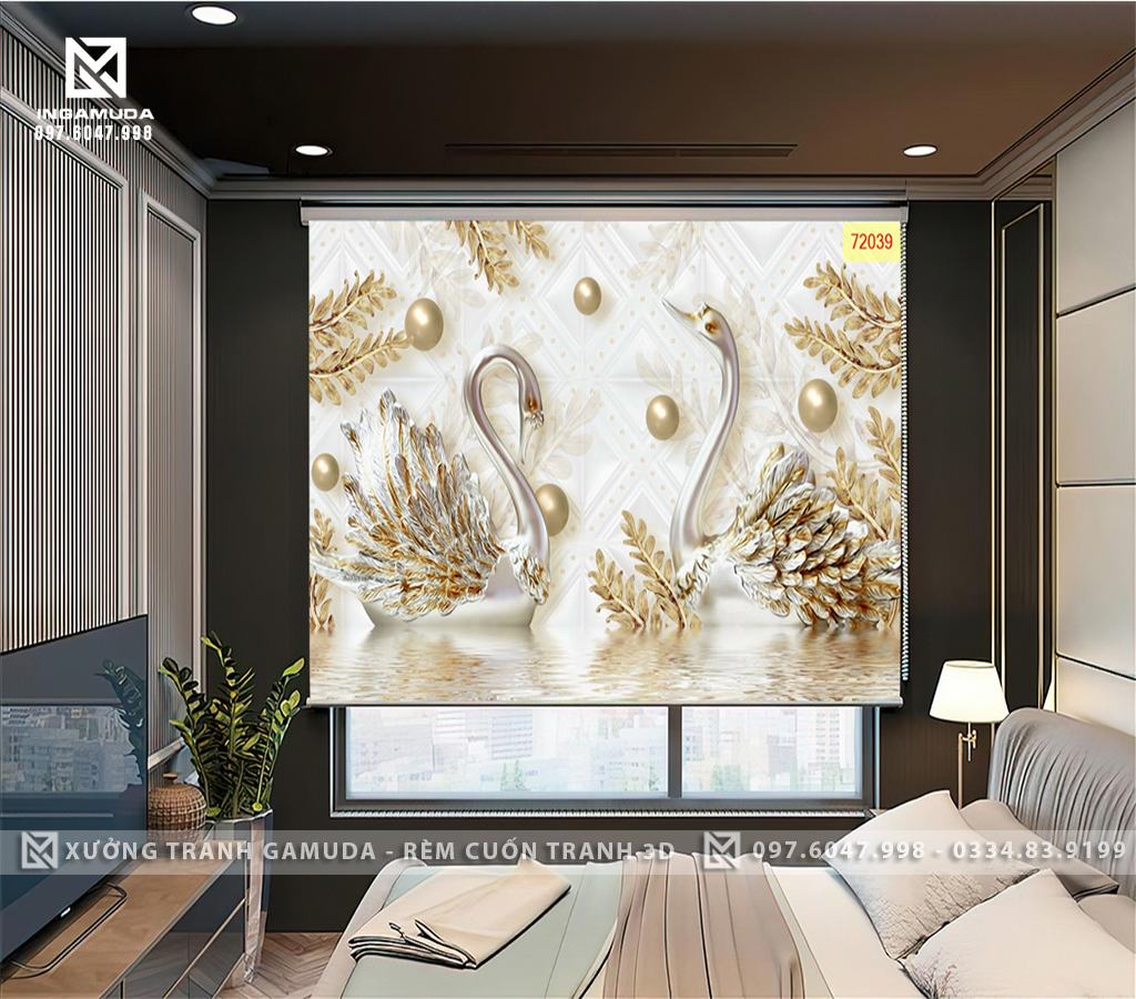 Rèm Cuốn In Tranh 3D Hình Đôi Thiên Nga Lấp Lánh - Xưởng In Rèm Cuốn Tranh GIÁ Tốt Nhất Cho Đại Lý 