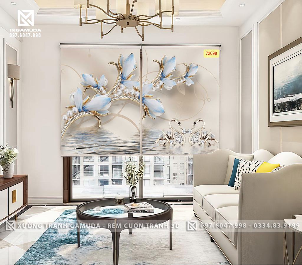 Rèm Cuốn Tranh 3D In Hình Đôi Thiên Nga Họa Tiết Hoa Nhã Nhặn - Rèm Tranh 3D Phân Phối Cho Đại Lý 