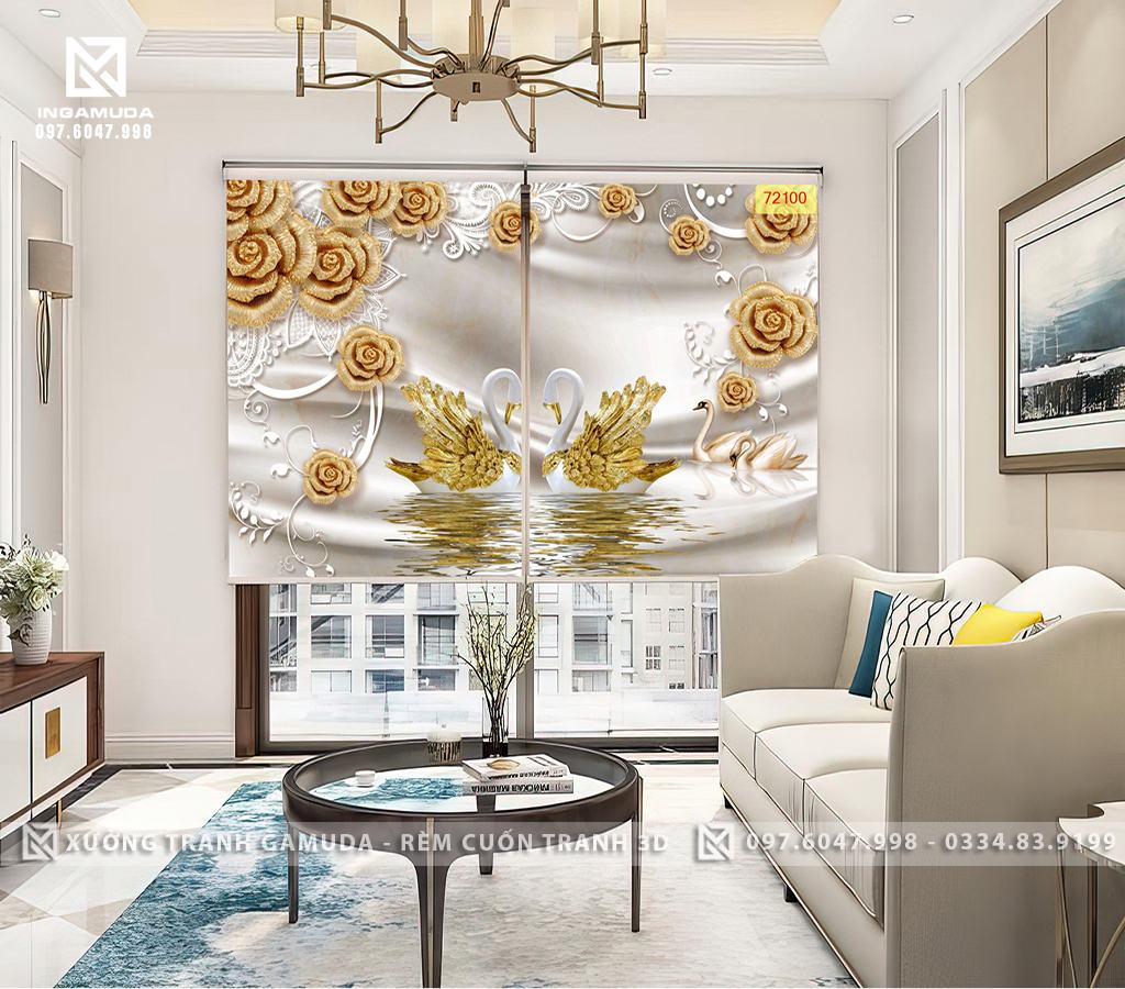 Rèm Cuốn Tranh 3D In Hình Đôi Thiên Nga Biểu Tượng Cho Tình Yêu Vĩnh Cửu - Xưởng Phân Phối Rèm Cuốn GIÁ Tốt Cho Đại Lý 