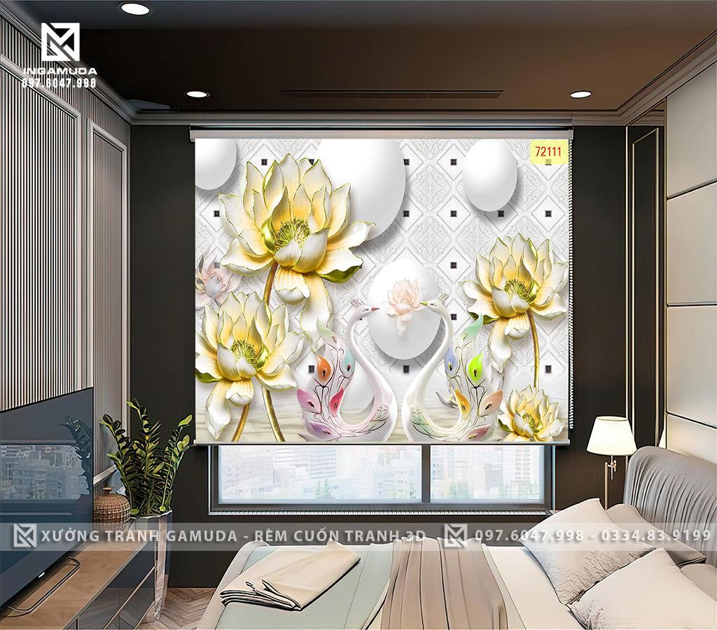 Rèm Cuốn In Tranh 3D In Hình Đôi Thiên Nga Họa Tiết Hiện Đại - Rèm Cản Nắng , Cản Nhiệt Tốt 