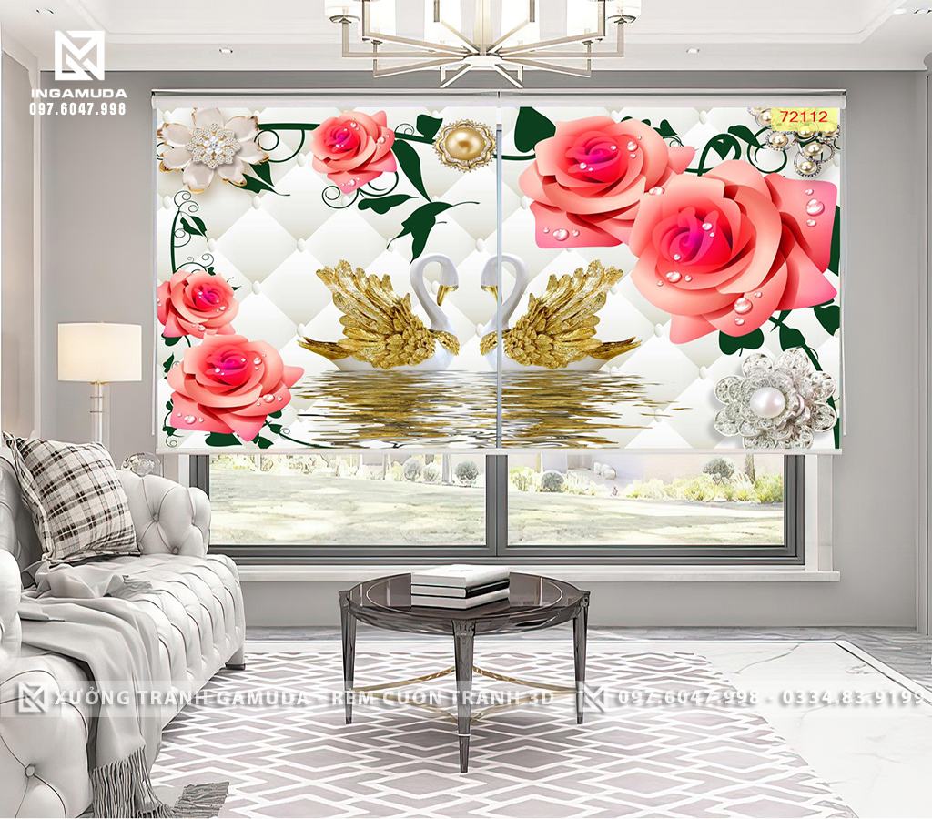 Rèm Cuốn Tranh 3D In Hình Đôi Thiên Nga Kết Hợp Với Hoa Hồng - Tại Xưởng In Gamuda