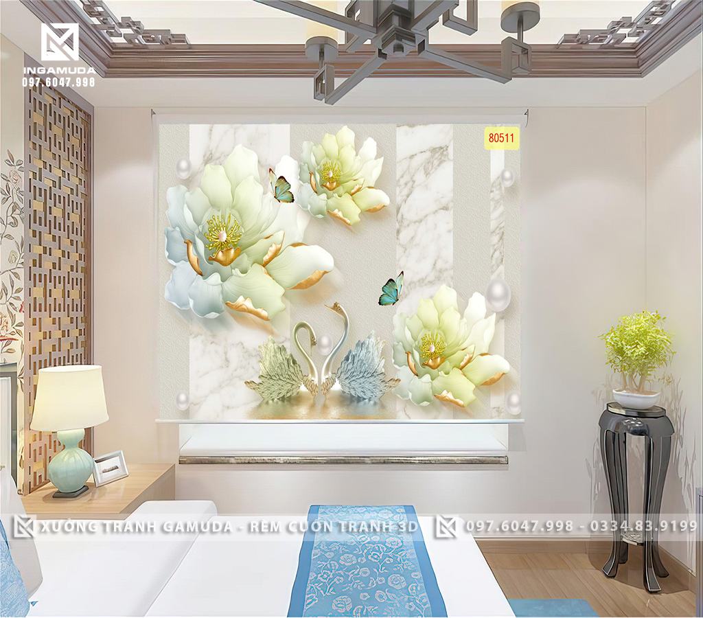 Rèm Cuốn In Hình Đôi Thiên Nga Trên Nền Đá Kết Hợp Với Hoa 3D - Rèm Tranh 3D Cho Đại Lý 