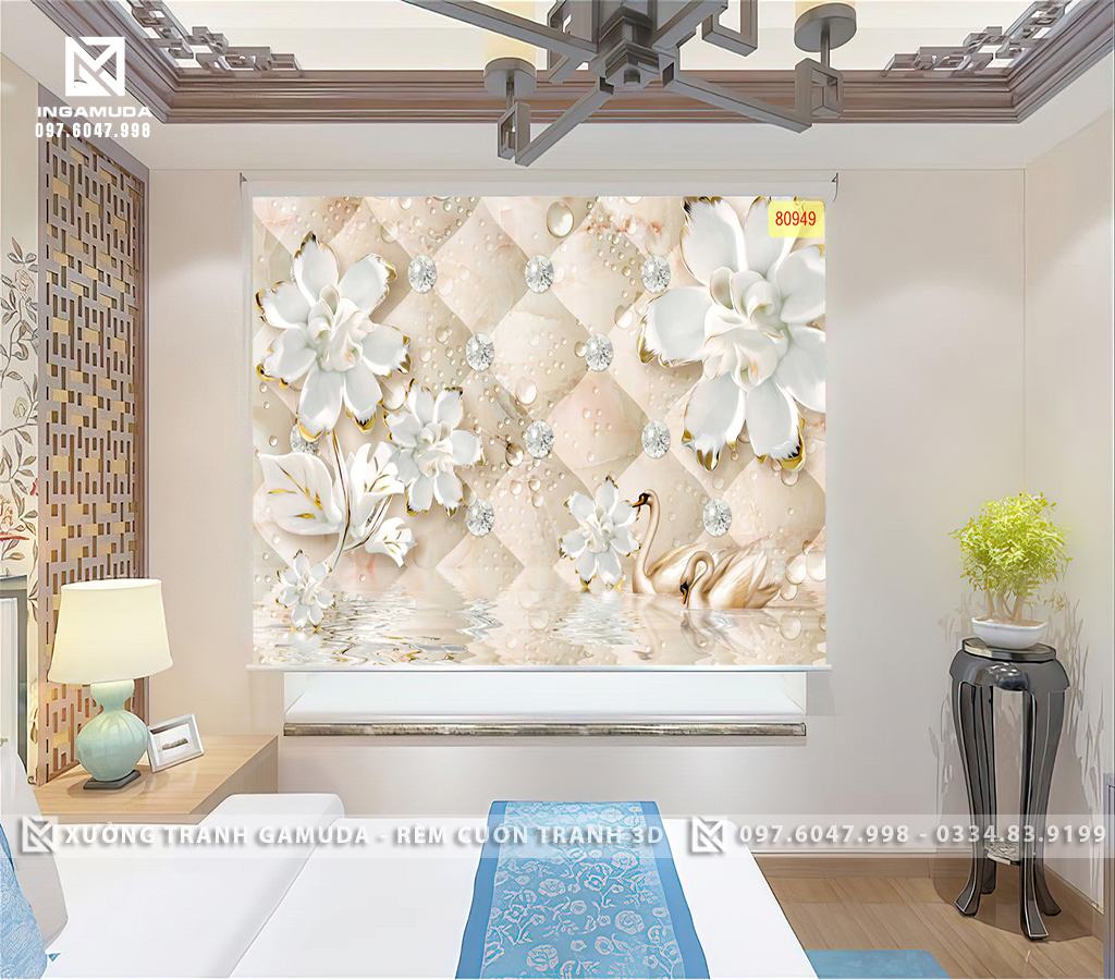 Rèm Cuốn Tranh 3D In Hình Đôi Thiên Nga Biểu Tượng Cho Tình Yêu Hạnh Phúc,Viên Mãn - Rèm Cản Nắng Cản Nhiệt Tốt 